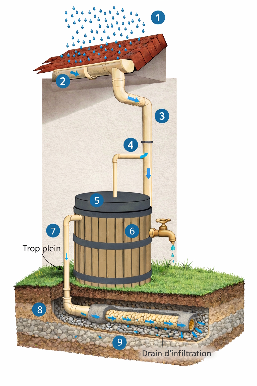 Le schéma montre le ruissellement de l'eau de pluie sur une toiture de maison , pour se diriger vers une gouttière. Cette eau emprunte la descente de gouttière. sur cette descente verticale, un second tuyau part vers une cuve en bois posée sur le sol, pourvu d'un robinet à 1m du sol et d'un tuyau de surverse qui repart en infiltration dans le terrain au travers d'un drain entouré de cailloux.